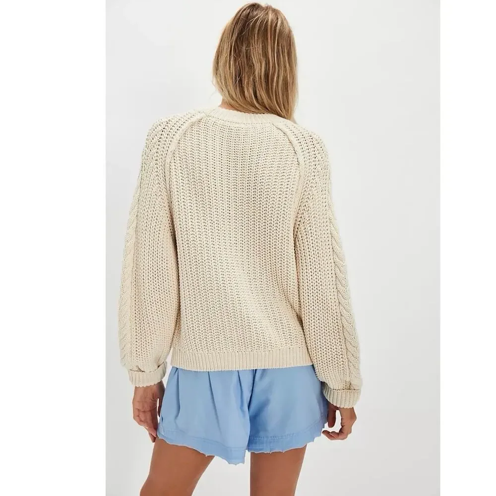 Free People Frankie Cotton Cable Knit Sweater Ivory Cream Medium EUC